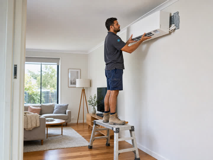 An air conditioning technician installing a split system head unit indoors