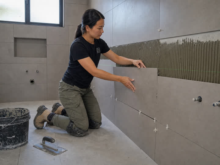 A tiler laying wall tiles in a half-finished bathroom